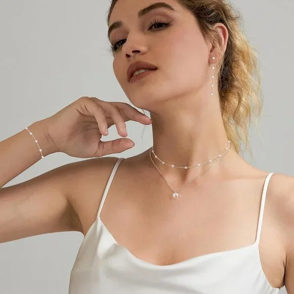 Jewelry Set-Silver Women Dainty Pearl Choker Earrings Bracelet Wedding Gift